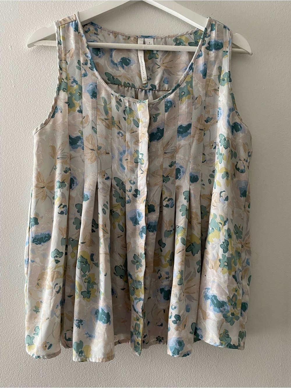 LC Lauren Conrad Floral Pleated Tank Top - Cream, Light Blue & Green